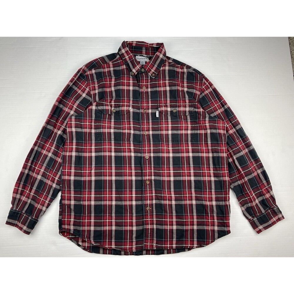 Carhartt Mens Red Black Plaid Relaxed Fit Flannel Button Up Shirt Size XL